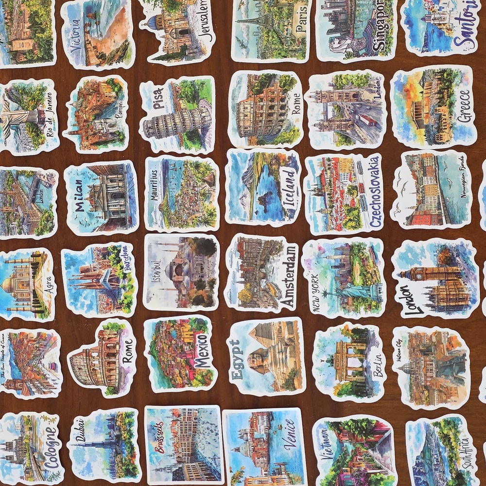 50 Piece Travel Watercolor Hand Drawn Stickers NEW